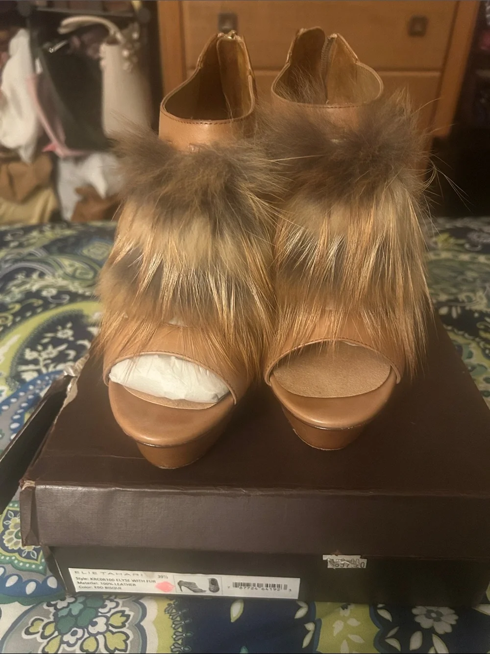 Elie Tahari Tan (Bisque) Faux Fur Peep-Toe Platform Heels